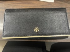 Tory Burch Women  s Black Logo Bifold Wallet w/ Snap, Zip Coin Pocket, Slots