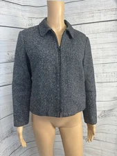 VTG 90s Talbots Petites Wool Silk Blend Tweed Jacket Zip Front Dark Gray Size 8