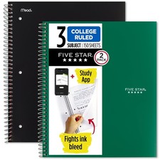 Five Star Spiral Notebook  Study App, 2 Pack, 3 Subject, College Ruled Paper, 8