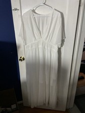 White V-Neck Short Sleeve Long Maxi Dress Solid Pullover Women's Regular Size