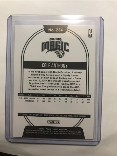 2020-2021 NBA Hoops Cole Anthony RC Base Rookie Card Orlando Magic - Picture 2 of 2