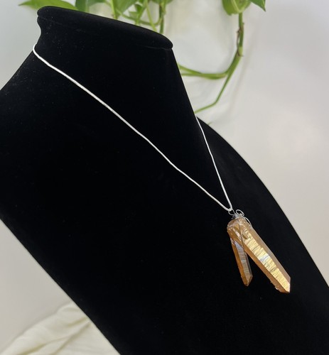 2” Sunshine Aura Titanium Quartz Crystal Wire Pendant On Silver Chain - Picture 3 of 13