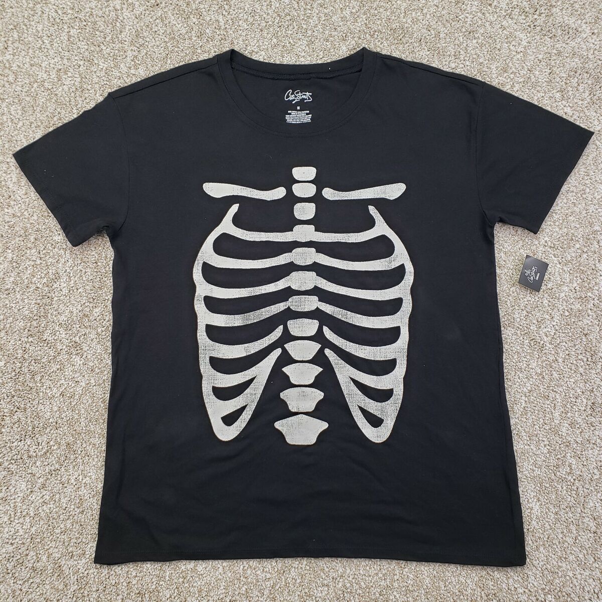 NEW City Streets Medium Womens T Shirt Glow Skeleton Short Sleeve Black Top