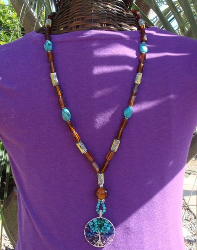 Long Bohemian African Trade Bead Necklace, Turquoise Gemstones, Handmade Tree - Picture 3 of 5