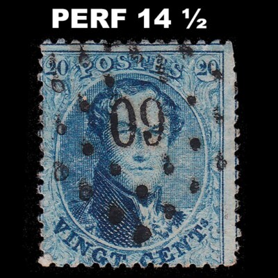 BELGIUM.1865.King Leopold I.20c.YVERT 15B.CANCEL 60.PERF 14 ½