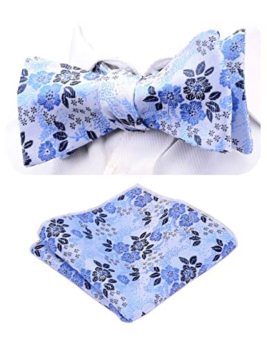 Mens Floral Bowtie Self Tie Bow Tie & Pocket Square Set Light Blue