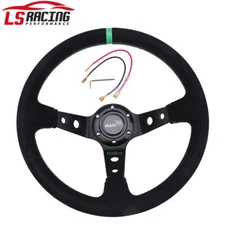 14" 345mm Universal Suede Deep Dish Racing Steering Wheel Horn Button 6 Holes