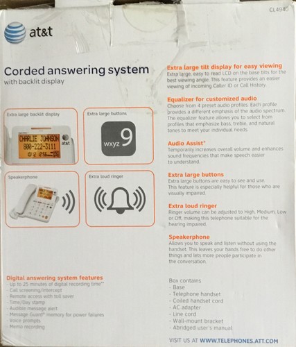 AT&T CL4940 Corded Standard Phone with Answering System and Backlit ...