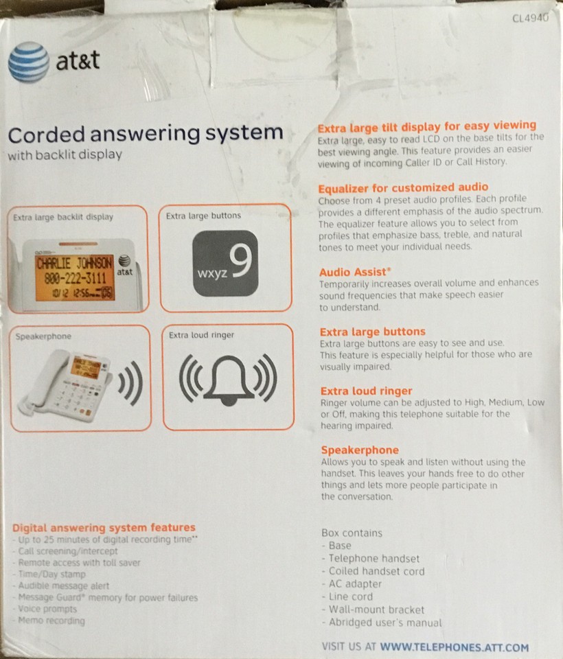 AT&T CL4940 Corded Standard Phone with Answering System and Backlit ...