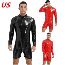 Men's Patent Leather Bodysuit Two-Zipper Open Crotch Glossy Leotard Catsuit