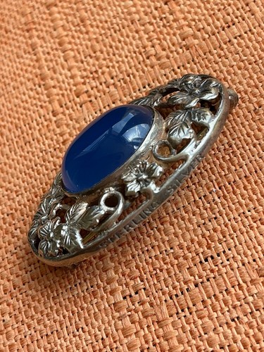 Vintage Silver Sterling Brooch, Bernard Instone Blue Agate Arts & Crafts Flowers - Picture 8 of 9