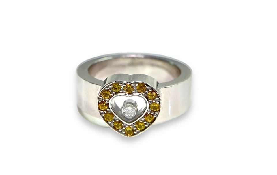 Anillo Chopard Happy Diamond Oro Blanco 18k Zafiro Amarillo Corazón Diamante Banda Foto 2 de 4
