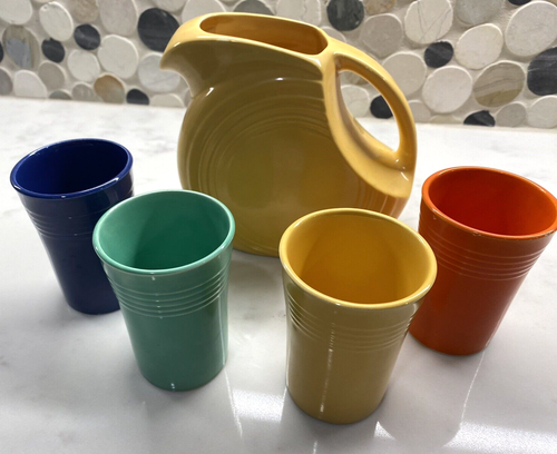 Vtg Fiesta 1940's Juice Special Set Of 4 Tumblers & Yellow Juice Disk Pitcher - Picture 4 of 9