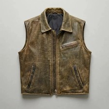Men s Vintage Brown Distressed Leather Vest Classic Zip-Up Biker Waistcoat