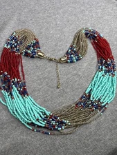 Multicolor Seed Bead Statement Necklace Boho Festival 24 - 26 inches Long