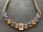 Vintage Gold-tone Necklace Peach Amber & Purple Stones Estate Costume Jewelry