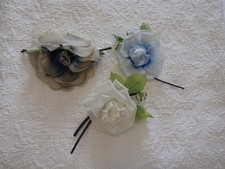 Lot 3 Vintage Millinery Hat Flowers Faux Silk Roses--Gray Blue White- 5