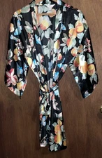 Secret Treasures Floral Satin Kimono Style Short Robe sz L Blue w Flowers EUC
