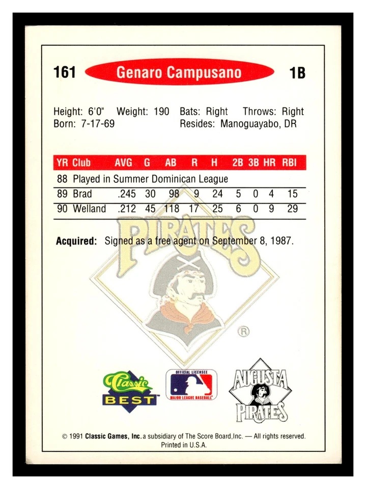 1991 Classic Best Genaro Campusano #161 Augusta Pirates - Image 2 of 2