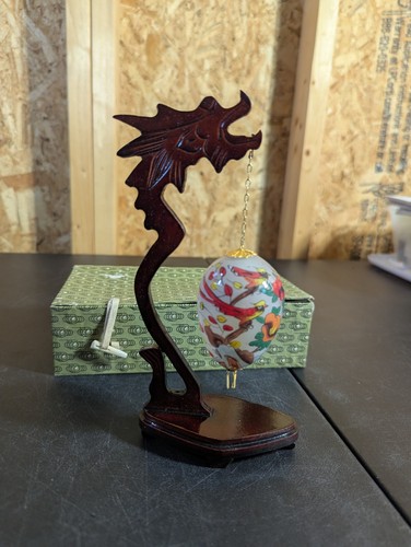 Vtg Chinese Reverse Hand Painted Glass Egg Dragon Phoenix Wooden Display Stand