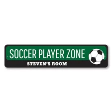 Soccer Player Zone Sign, Personalized Soccer Lover Kid Bedroom Metal Wall Decor