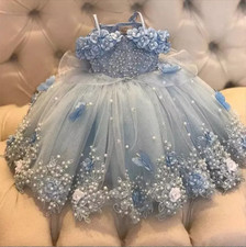 Cute Light Sky Blue Girls Pageant Dresses Princess Tulle Lace Appliques Pearls