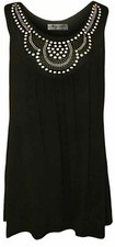  WOMENS LADIES PLUS SIZE BLACK STUDDED VEST STRETCHY LONG TUNIC TOP UK(14-28)