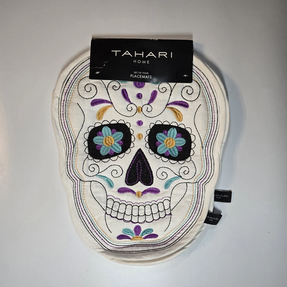 4 Tahari Placemats Sugar Skull Embroidered Cotton Set of Day of the Dead New