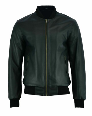 Men's Bomber Black Varsity Real Leather Sheepskin Jacket
