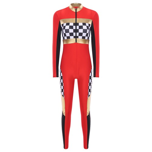 Womens Speed Race Car Driver Halloween Checkerboard Bodysuit Racing Costume - Picture 6 of 32