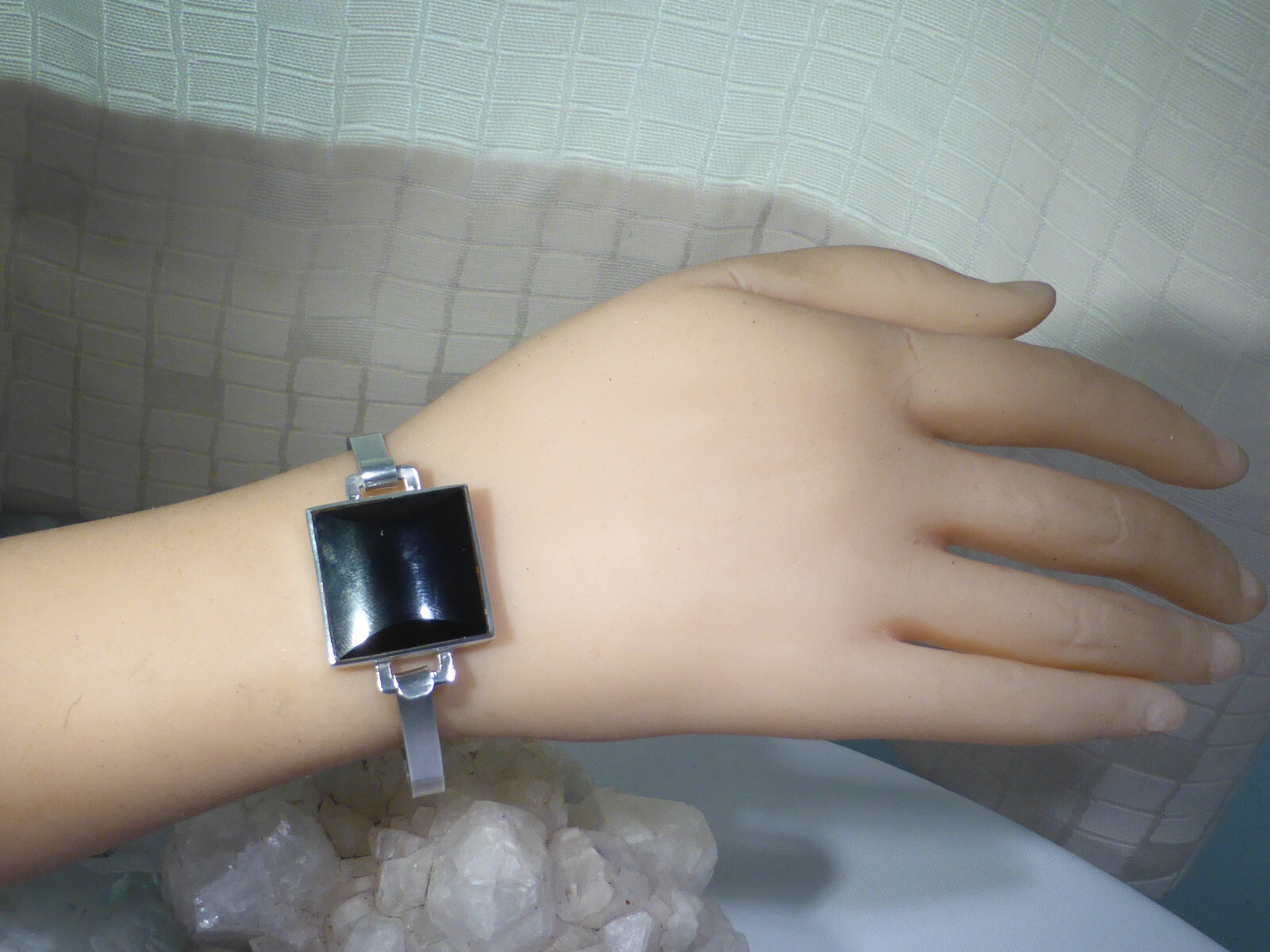 Solid Silver Bangle Onyx Stone Bracelet Hinged UK… - image 4