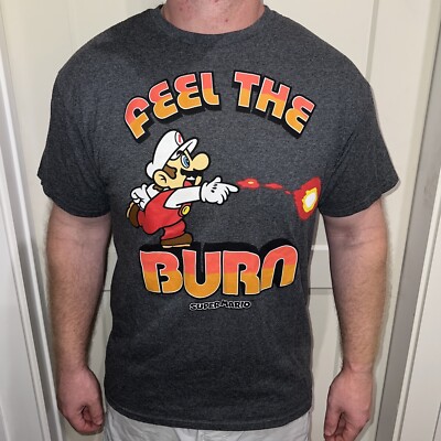 Nintendo Super Mario Size Large Mens Gray Graphic T-Shirt Feel The Burn