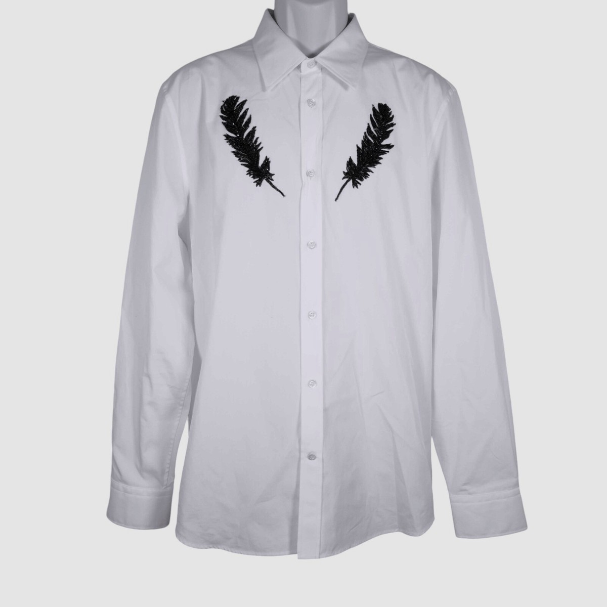Alexander McQueen Men White Feather Long-Sleeve Dress Shirt Size 17 Alexander McQueen Men White Feather Long-Sleeve Dress Shirt Size 17