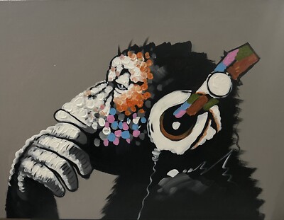 Bansky Inspired DJ Monkey Thinker , Canvas, Music - 31 1/4 X 23 3/4 Large