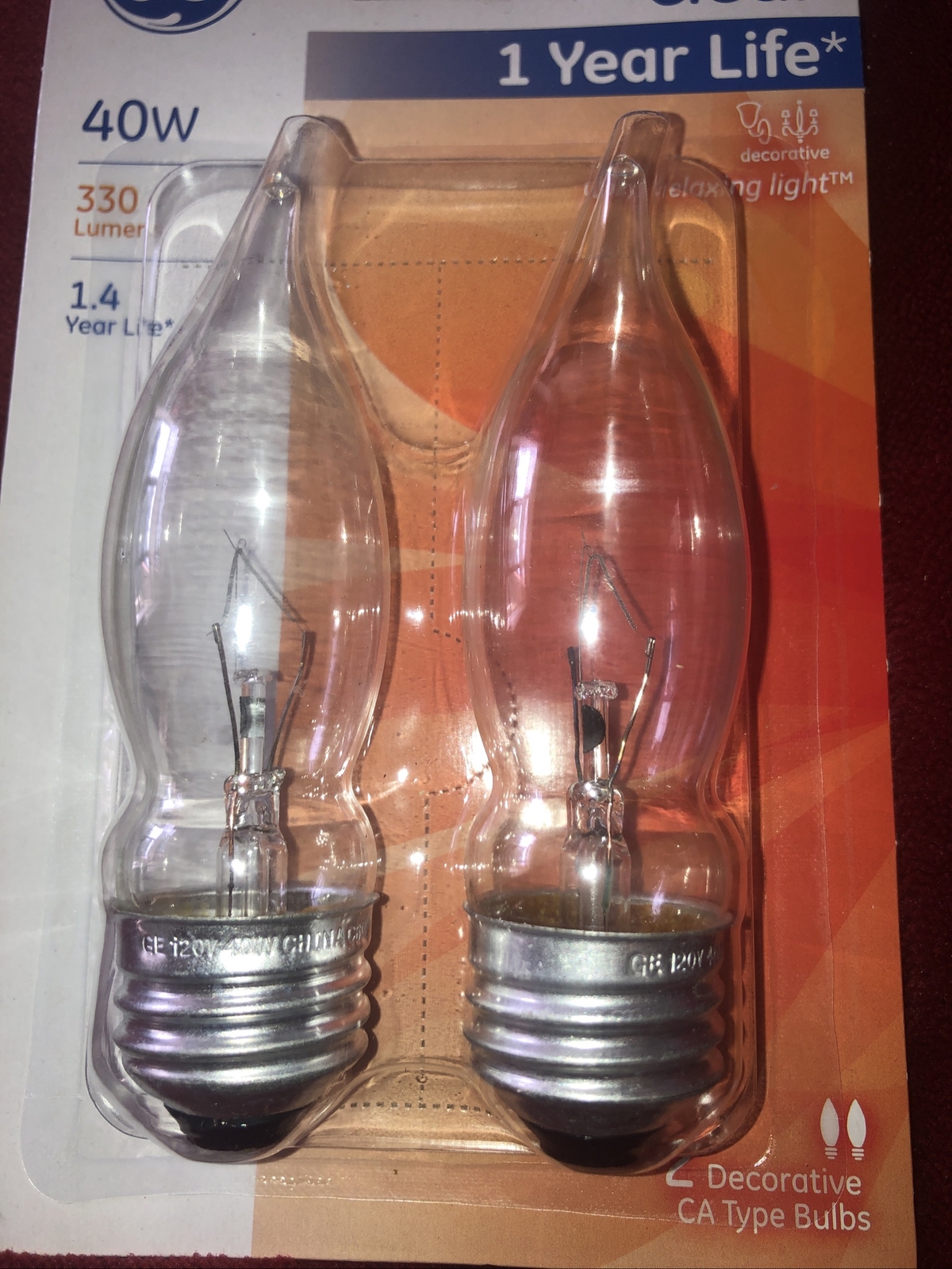 NOS! 2PK GE CRYSTAL CLEAR 40W TYPE CA DECORATIVE BULBS, 40CAM/CL/CD2