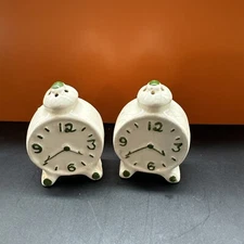 Vintage White & Green Alarm Clock Salt & Pepper Shakers Ceramic 3" Tall Kitsch