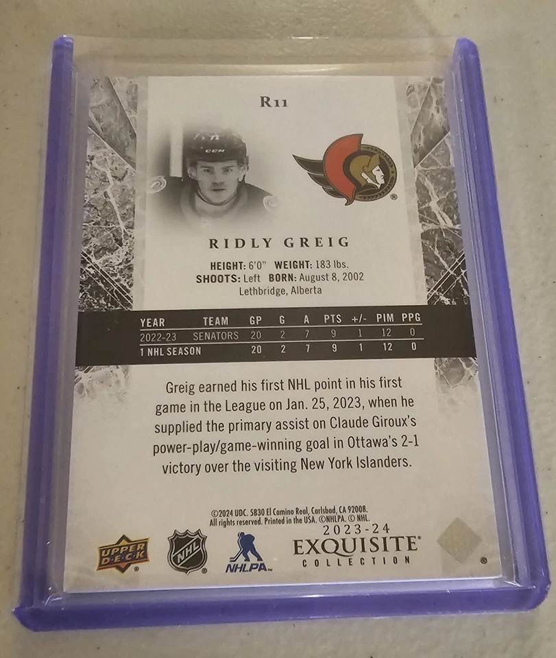 2023-24 Exquisite Collection Rookies Platinum Blue #R11 Ridly Greig   028/299 - Image 2 of 2