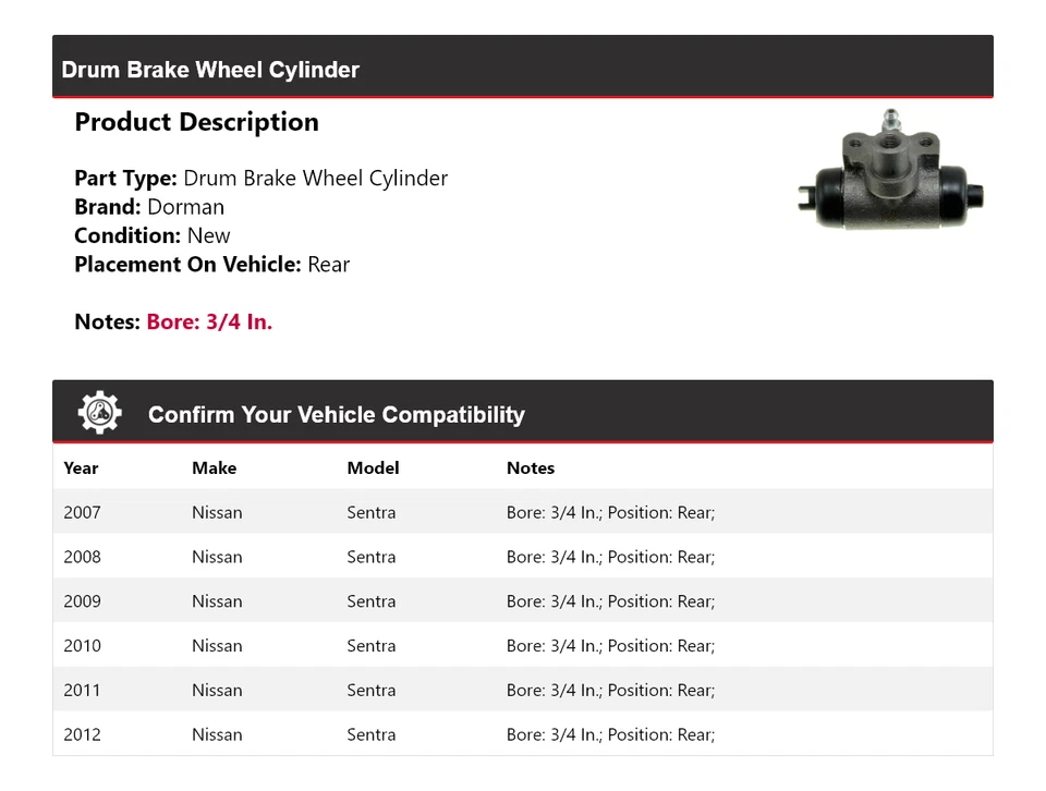 Para 2007-2012 Nissan Sentra Dorman cilindro de roda de freio a tambor traseiro 2008 2009 2010 - Imagem 2 de 3