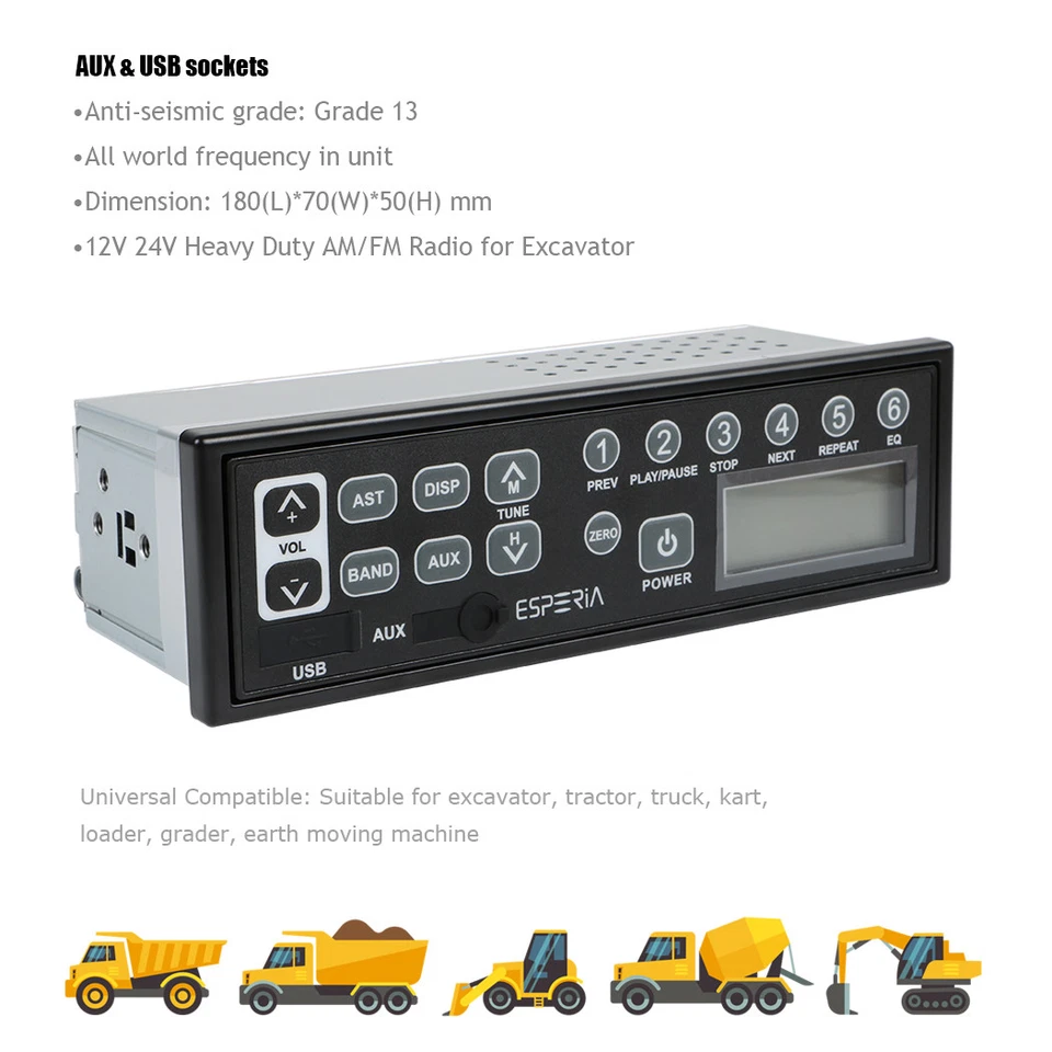 12V 24V Excavator Radio AM FM w/ AUX USB Input for Sumitomo Komatsu Hitachi Kato - Image 2 of 4