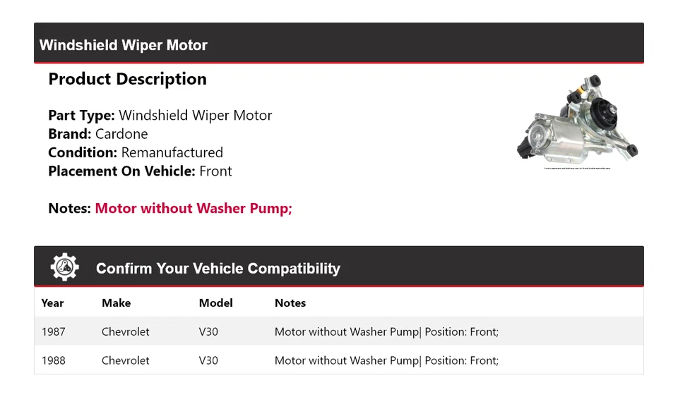 Para Chevrolet V30 1987-1988 Limpiaparabrisas Motor Delantero Cardone Foto 2 de 4