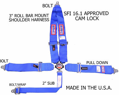 RJS SFI 16.1 CAM LOCK 5 POINT BELT HARNESS V ROLL BAR MOUNT BOLT IN BLUE 1029303