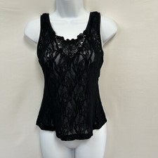 Vintage Cinema Etoile Small Black Lace Trim Tank Camisole Top Sheer Whimsigoth