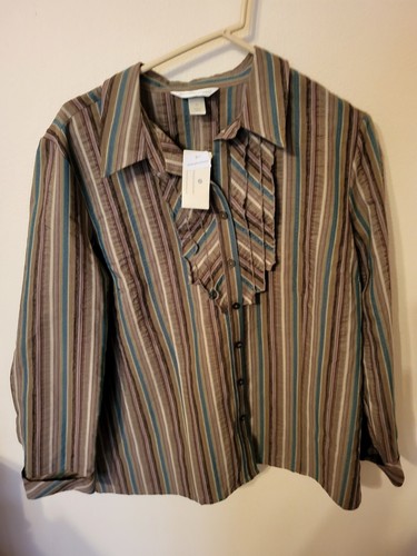 christopher banks womens XL blouse teal brown stripe ruffle bodice button up L s