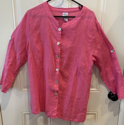Match Point USA Linen Shirt Top Button Front Size L?? Pink Long Roll Tab Sleeves