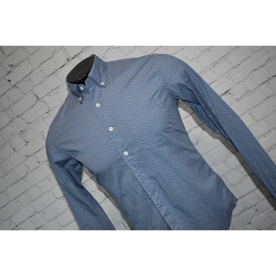 J Crew Dress Shirt Mens Size Small Flex Washed Untucked Slim Fit Blue Polka Dots - Image 3 of 4