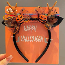 Halloween Pumpkin Bow Glitter Headband, Orange Black Fabric for Women/Teens