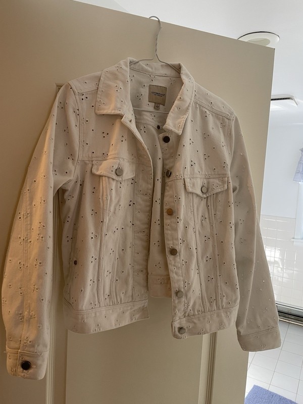 women's white denim jean jacket size L