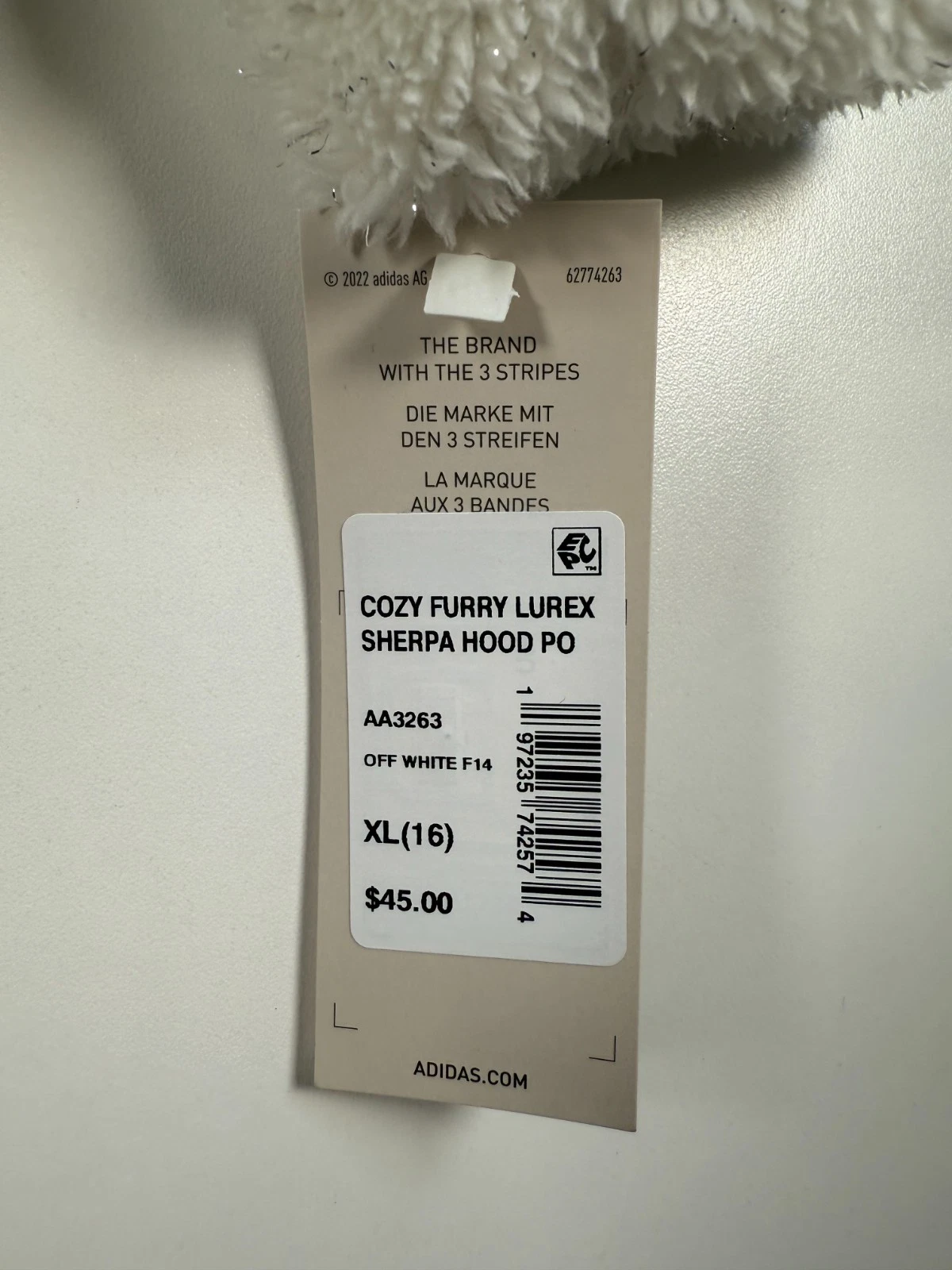 OFF WHITE Felpa con cappuccio nuova con etichette Adidas bambini ragazze accogliente furry lurex sherpa bianco sporco XL 16