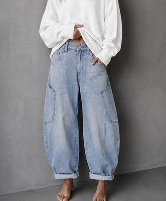 Sexy Woman lässige Ballon Jeans Barrel hoher Bund große Taschen helle Waschung