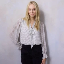 Lauren Conrad White Polka Dot Bow Tie Blouse Size Medium